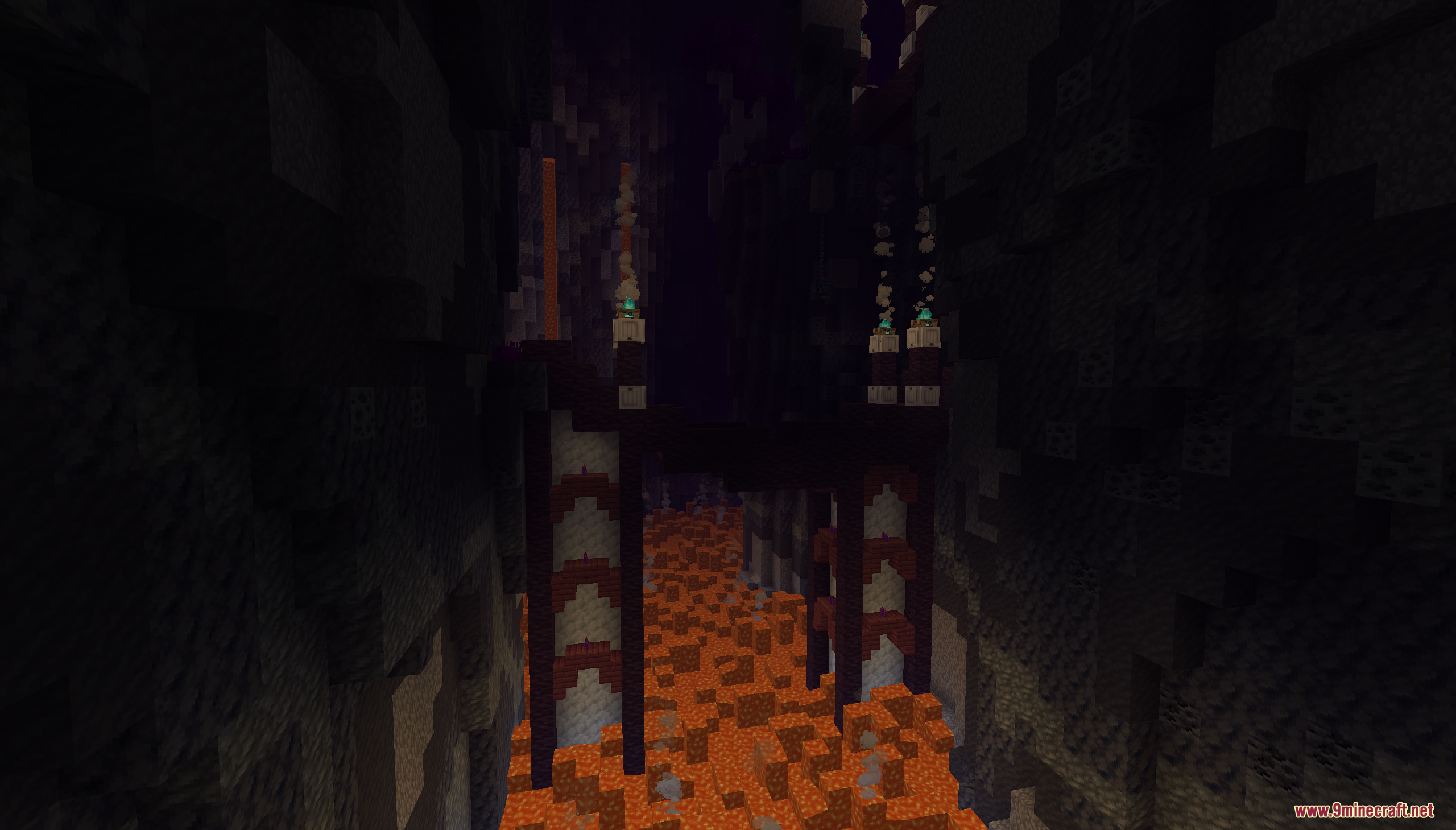 Beyond the Exosphere Map Screenshot 7 A dark stone bridge with soul lanterns spanning across a deep lava cavern