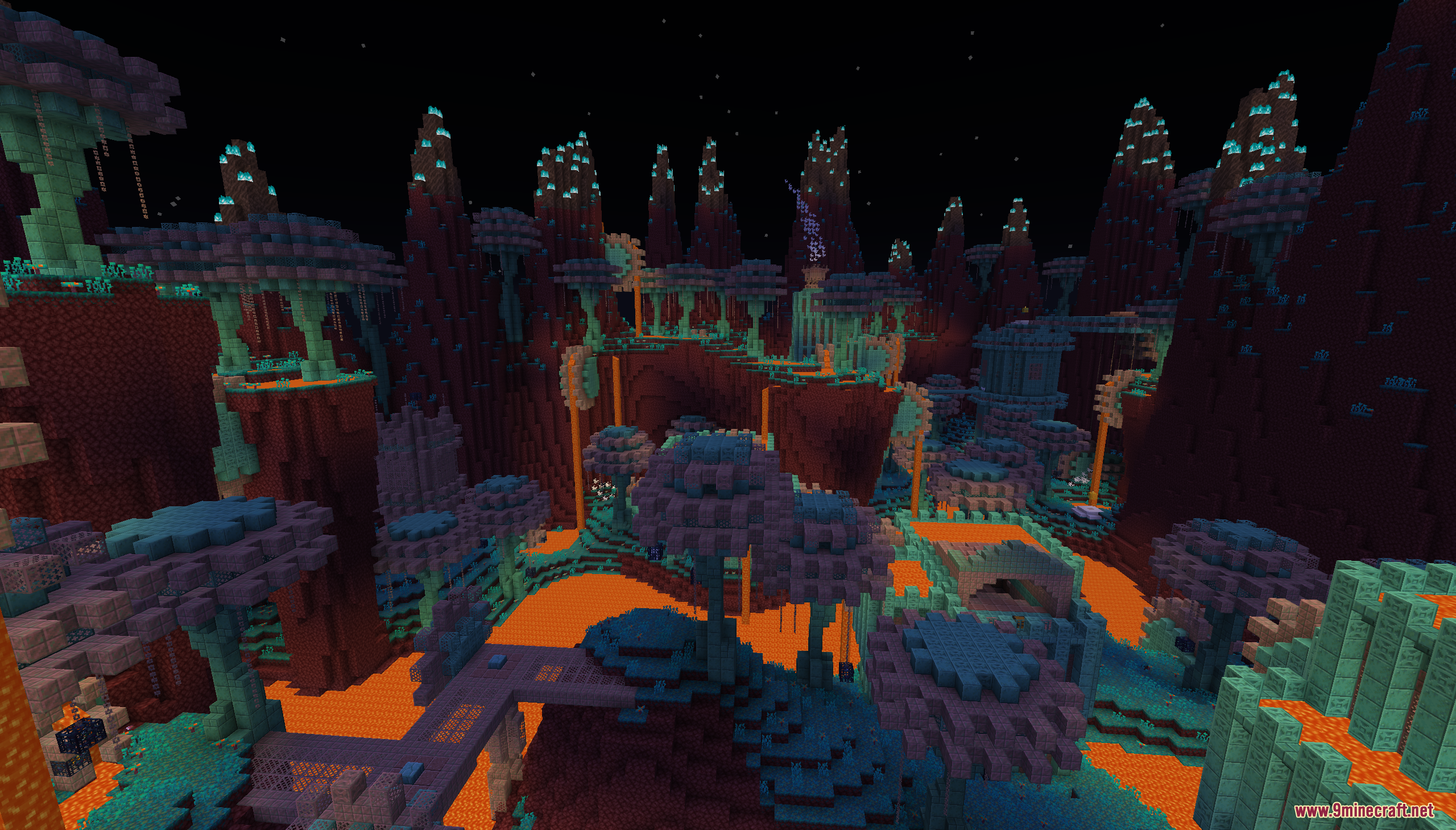 Beyond the Exosphere Map Screenshot 8 Vibrant landscape with blue mushroom trees and lava pools in Beyond the Exosphere