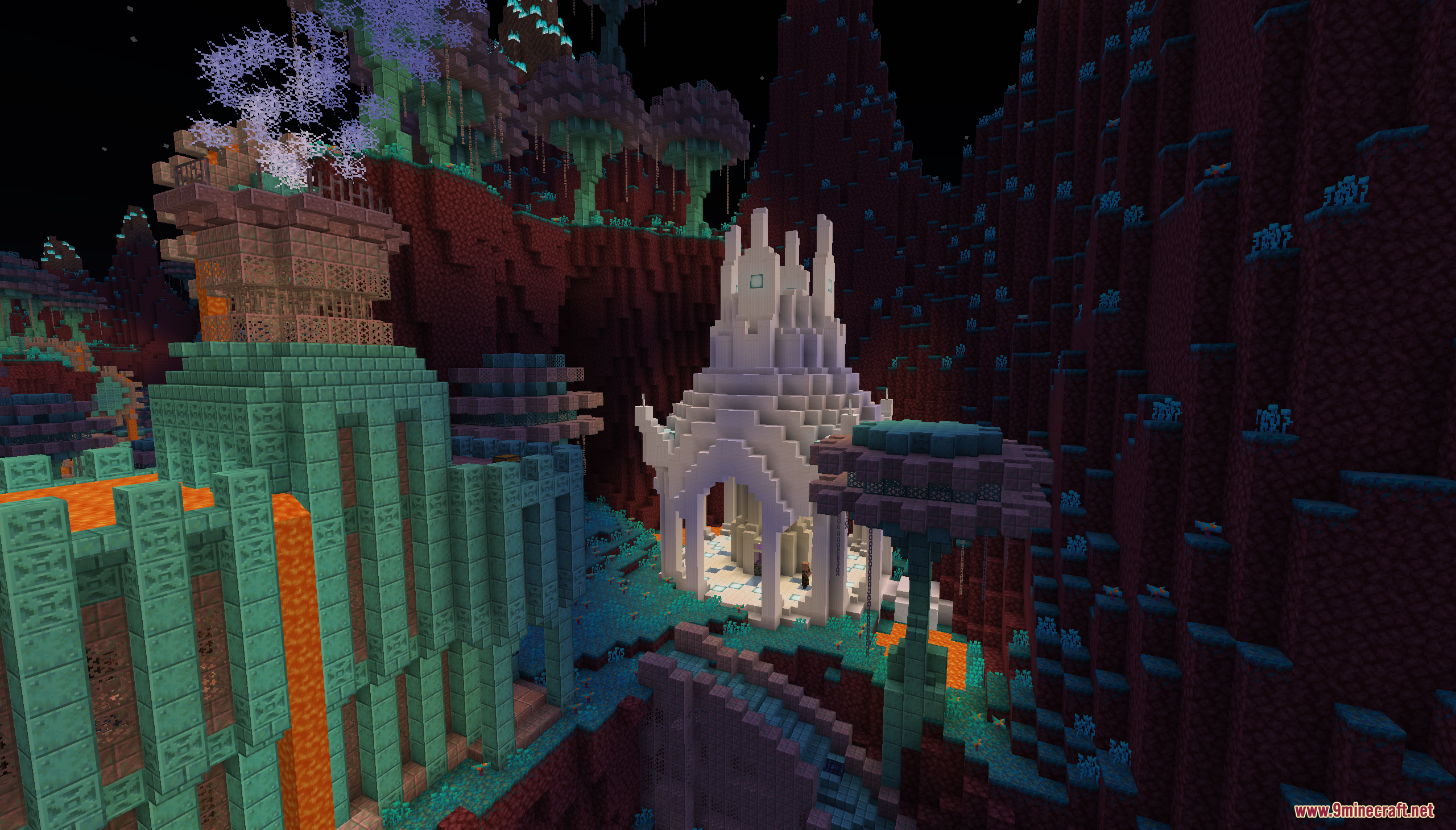 Beyond the Exosphere Map Screenshot 9 White quartz temple and teal structure with lava in a dark alien biome