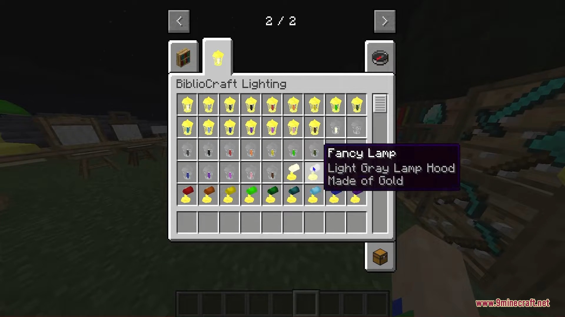 BiblioCraft inventory menu showing a collection of colorful fancy lamp items