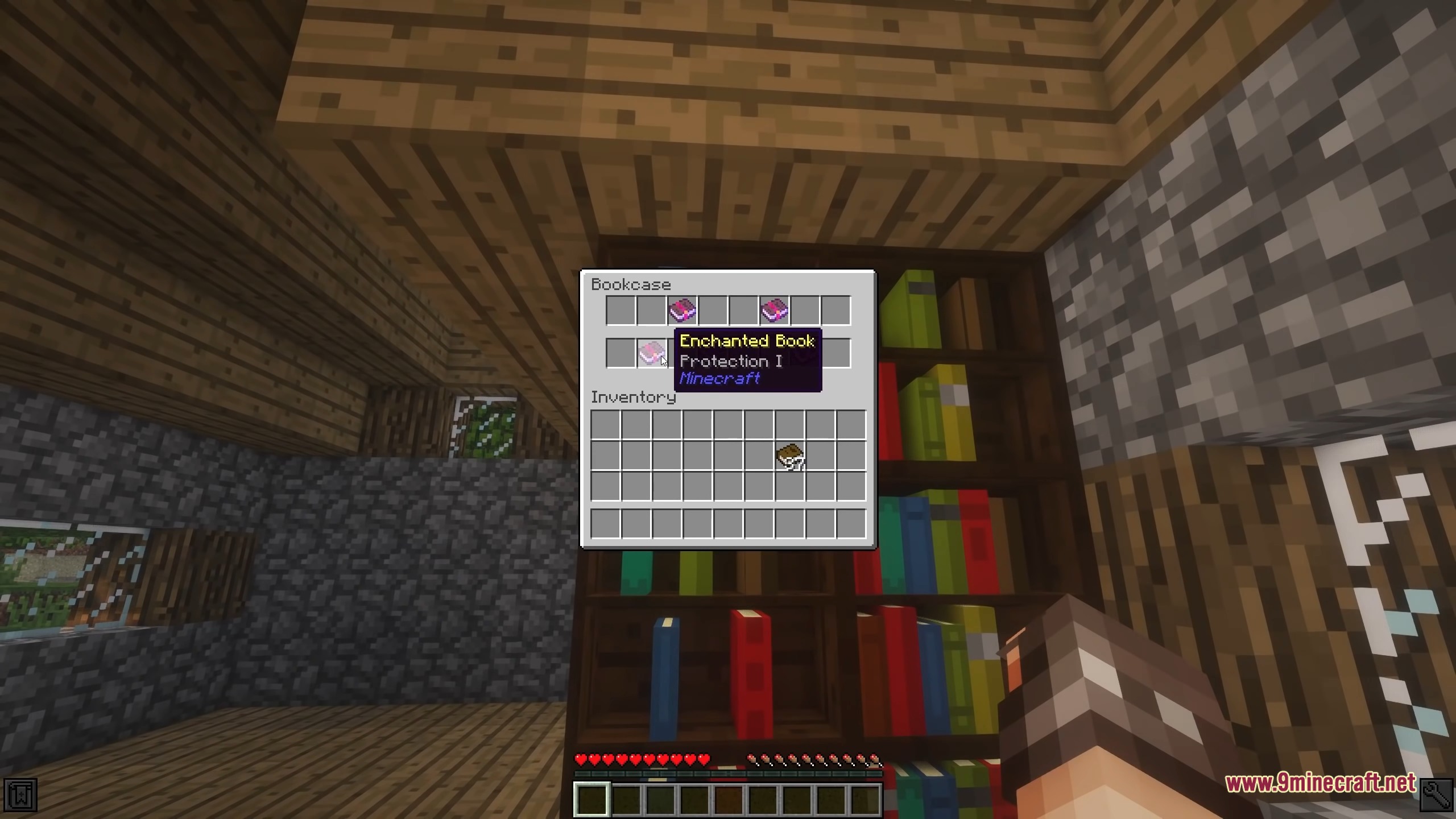 A player interacts with a bookcase GUI containing several enchanted books