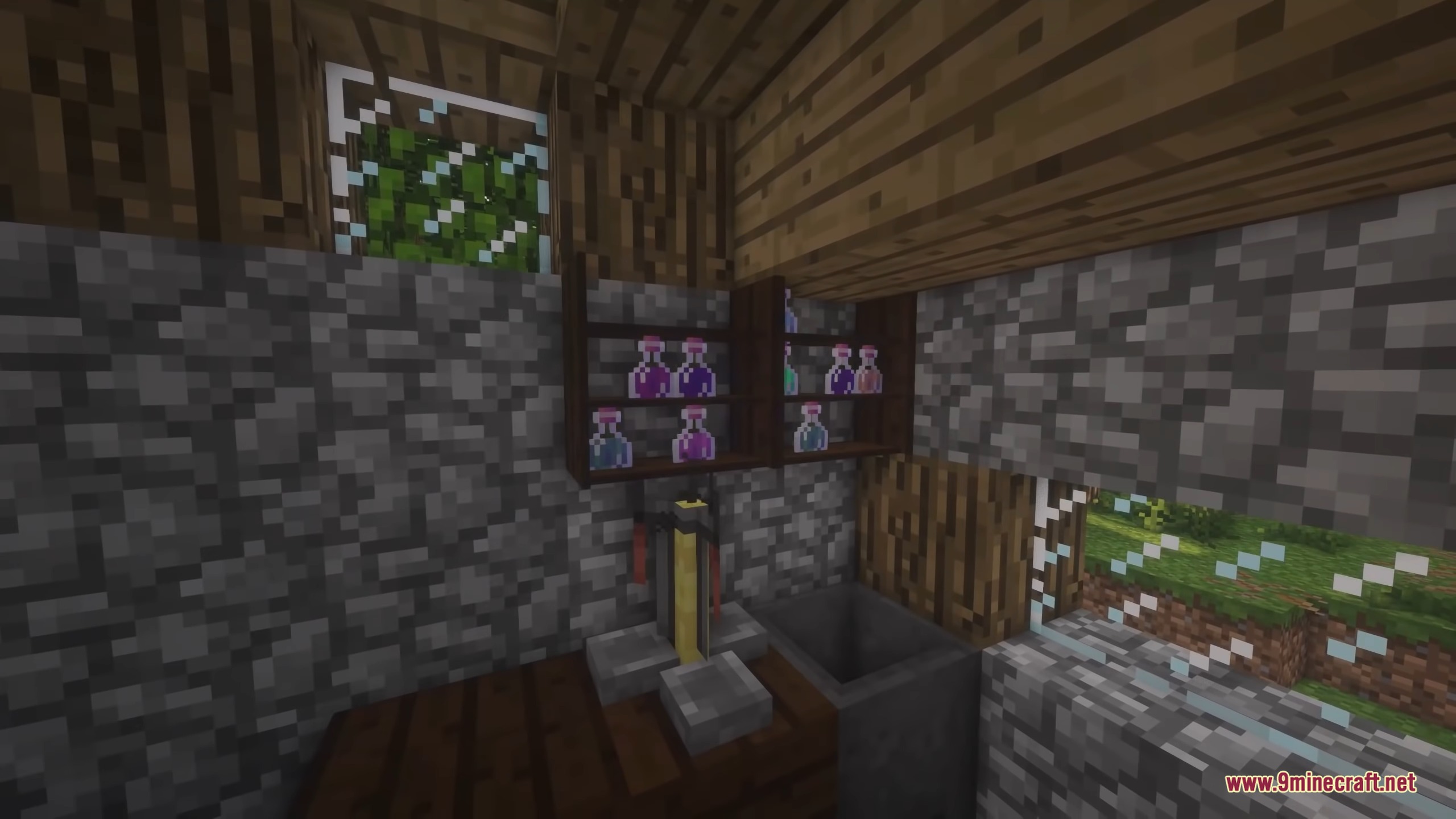 Potion shelves and a brewing stand placed inside a rustic cobblestone room