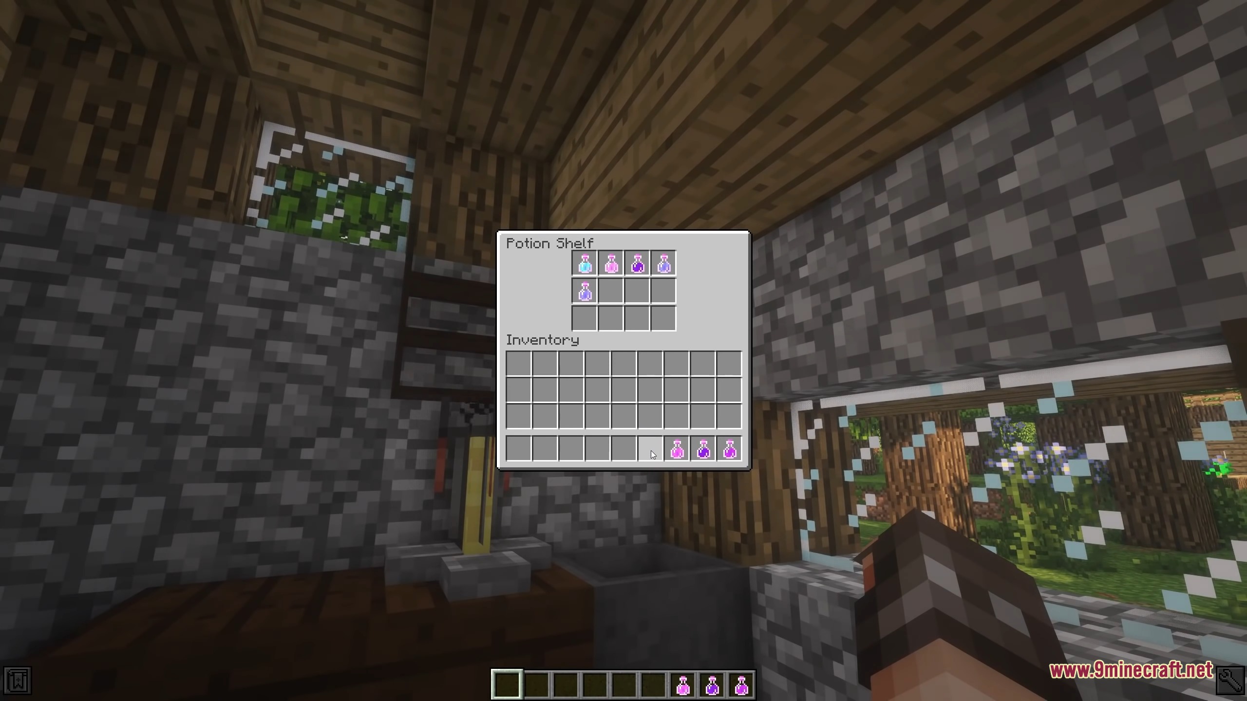A player interacting with a Potion Shelf GUI to store pink potions