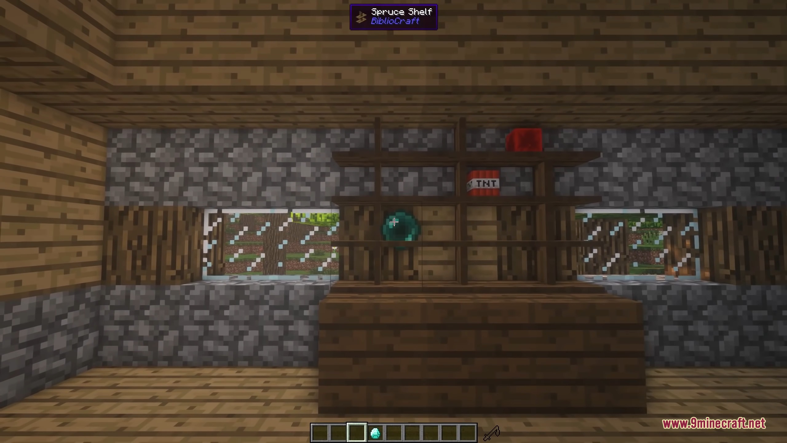 BiblioCraft Spruce Shelf displaying an Ender Pearl and TNT inside a house