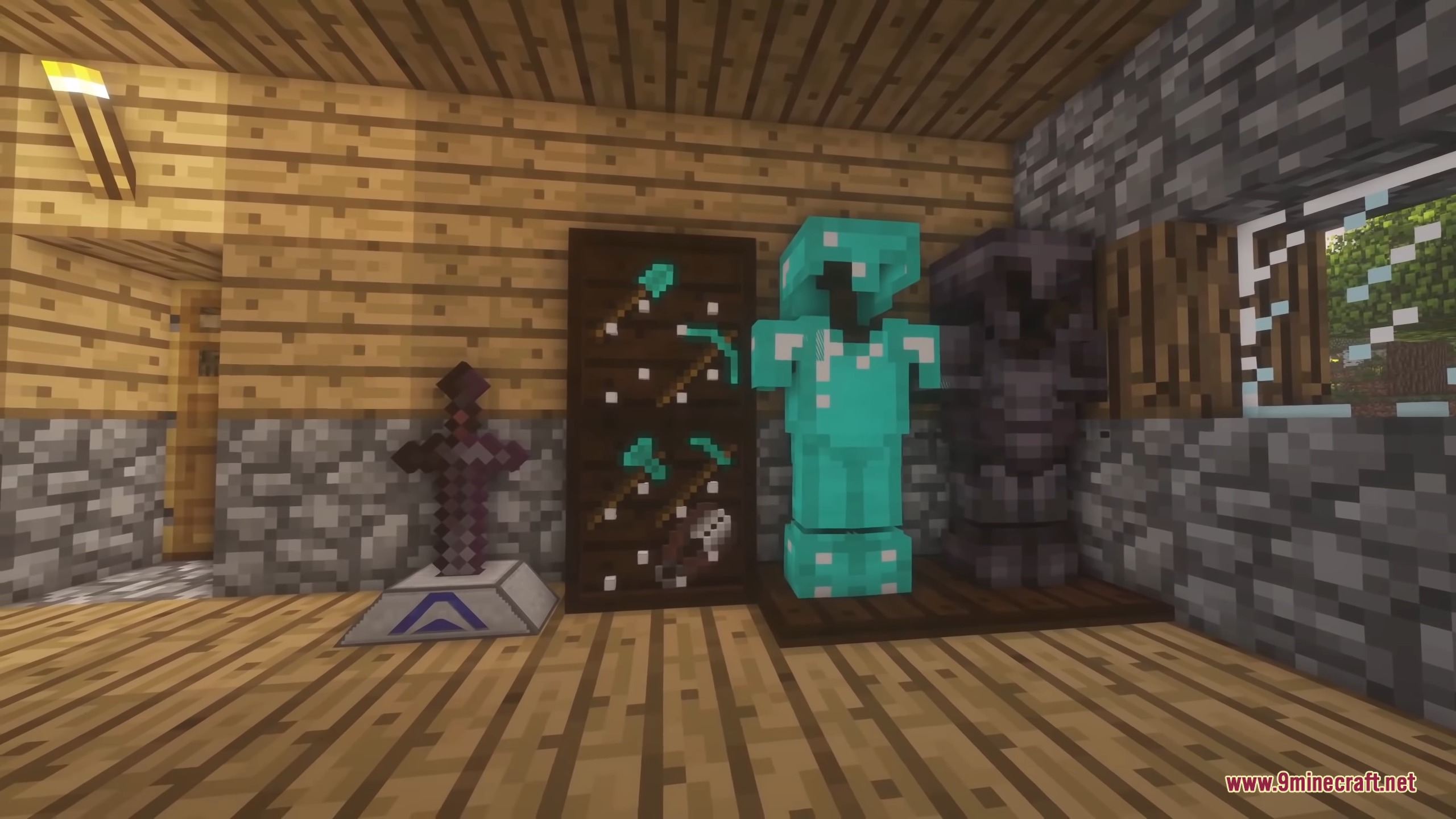Diamond and netherite armor displayed on stands next to a wooden tool rack