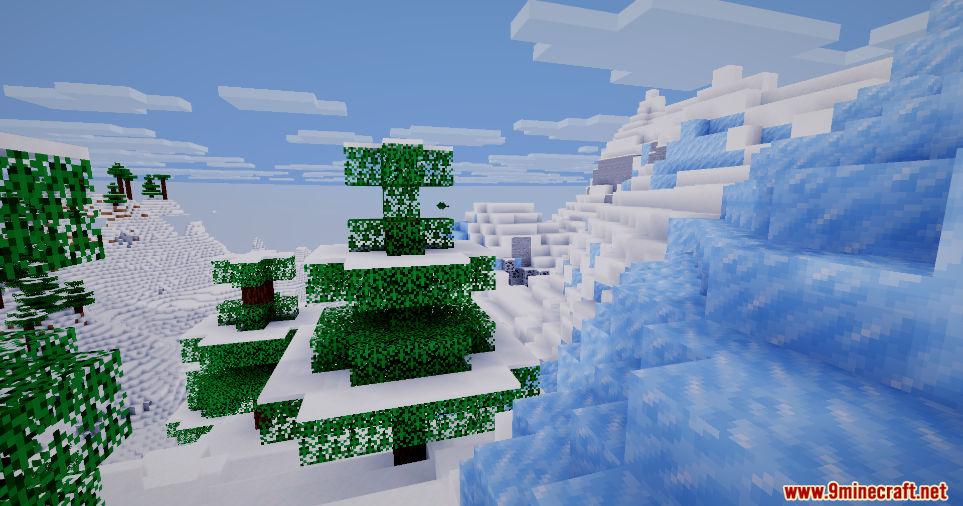Bloom Shaders Screenshot 1 Snow covered spruce trees and blue ice on a frozen mountain ridge