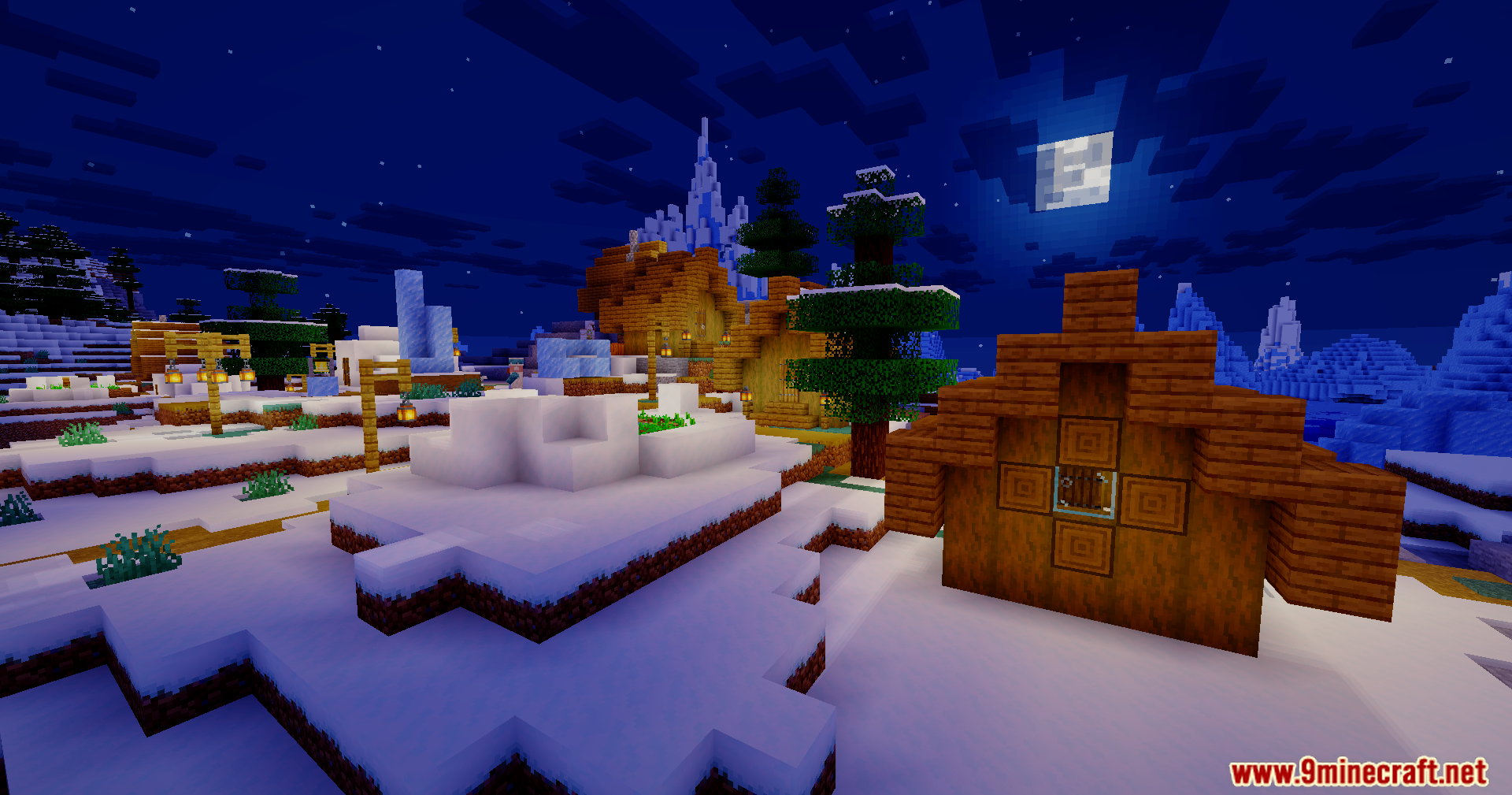 Bloom Shaders Screenshot 11 Bloom Shaders illuminate a snowy village at night with warm lantern light