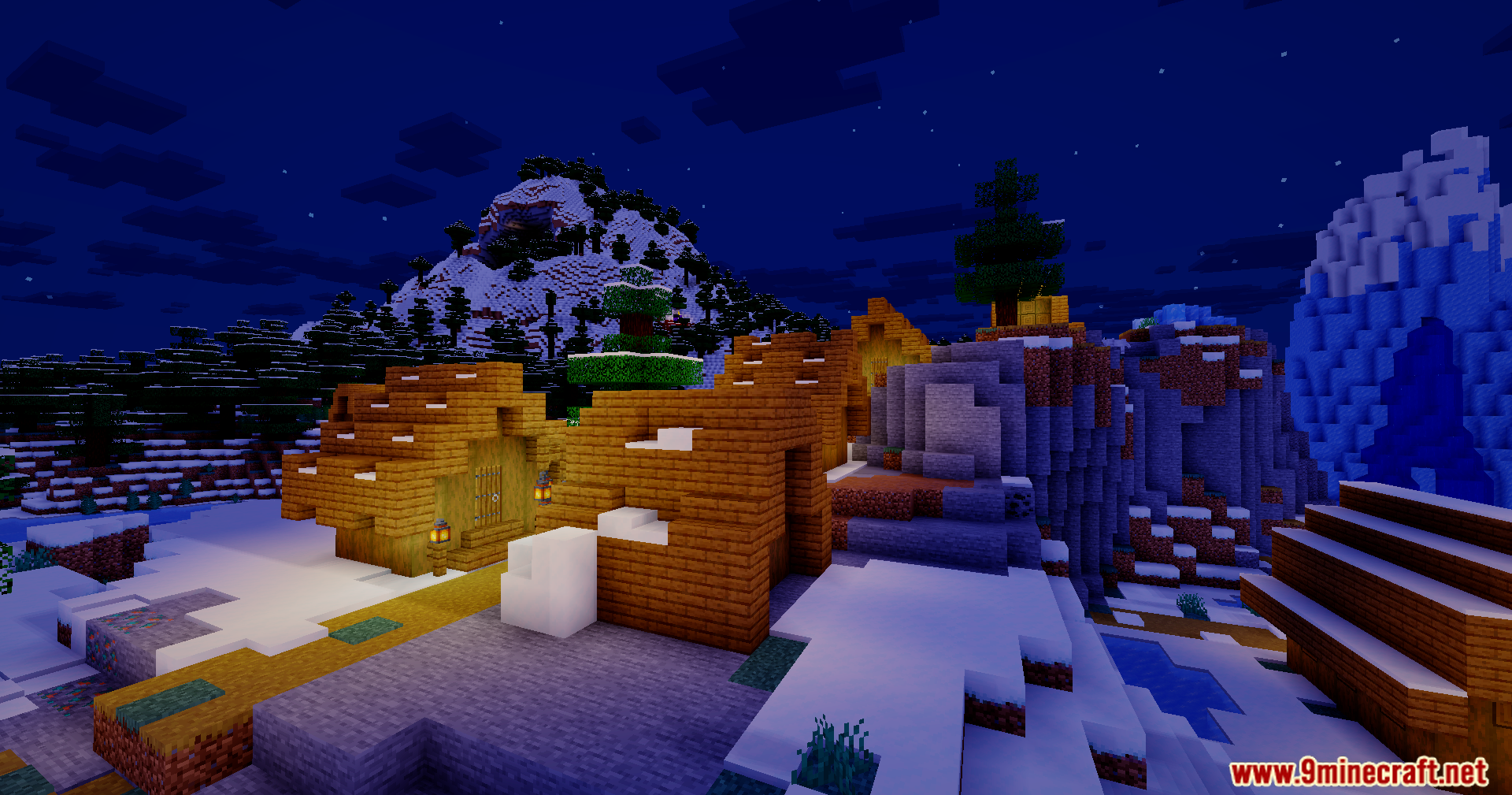 Bloom Shaders Screenshot 12 Small wooden houses on a snowy hill under the dark night sky