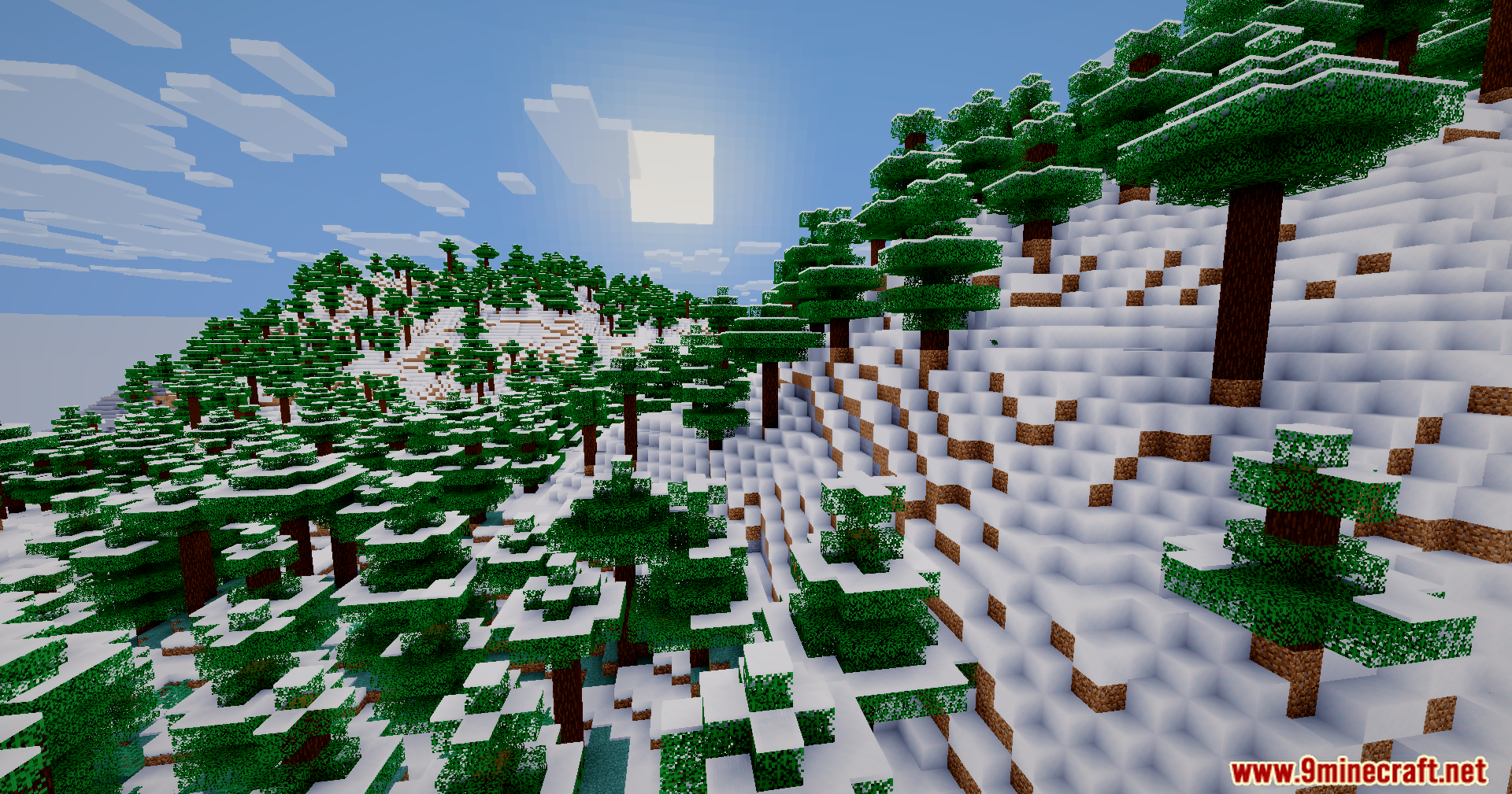 Bloom Shaders Screenshot 2 Bright sun shining over a snowy hillside filled with green spruce trees