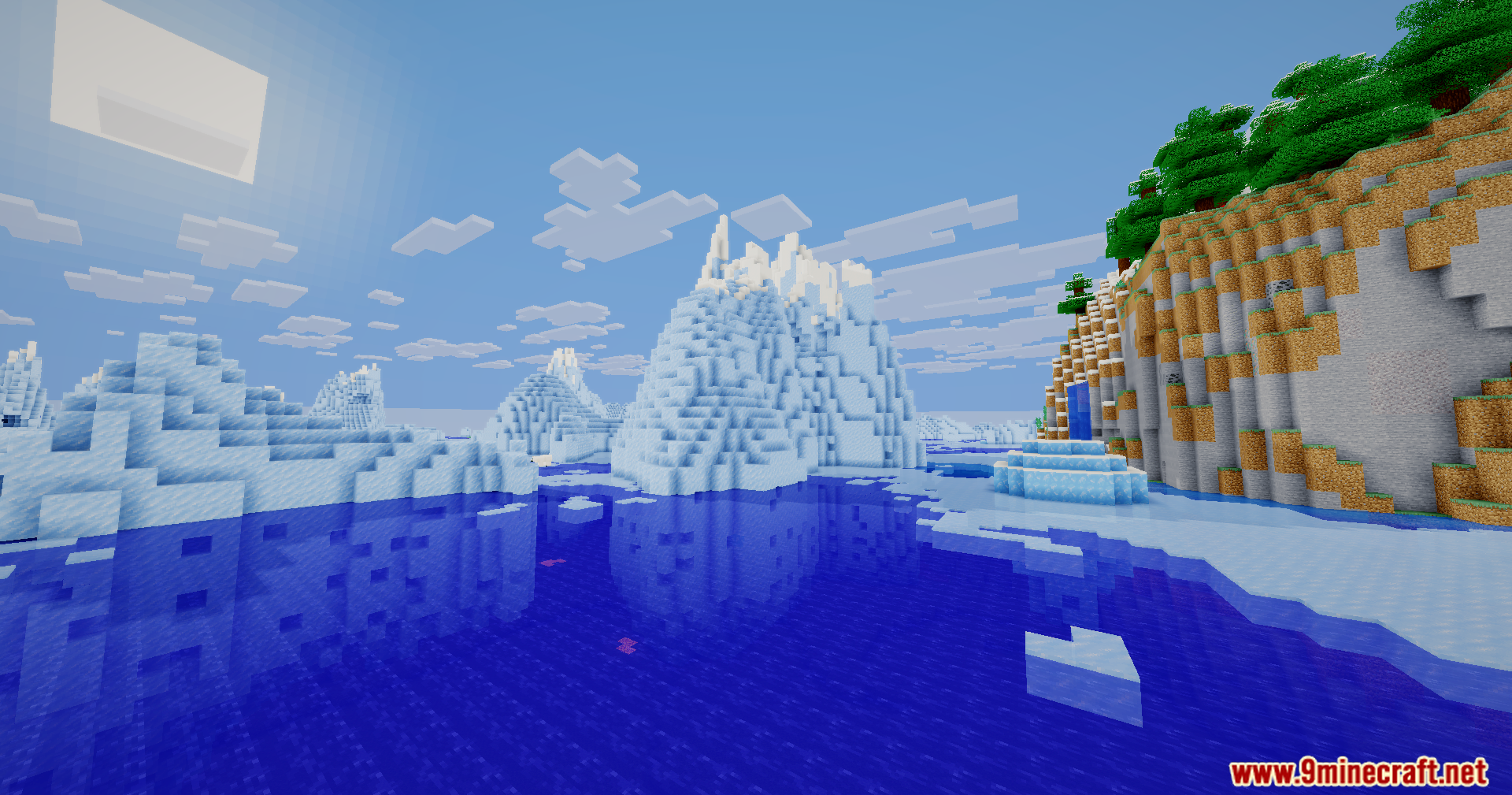 Bloom Shaders Screenshot 4 Snowy cliffs and icebergs reflected in calm water with Bloom Shaders