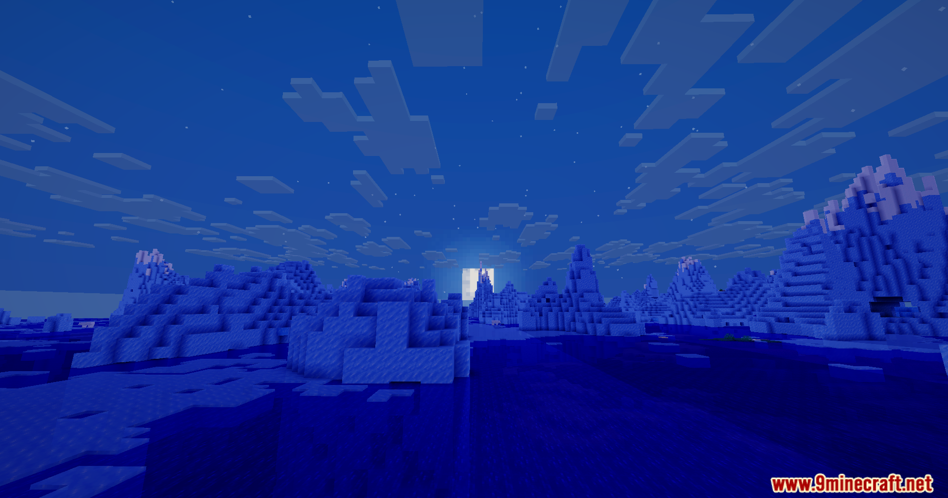 Bloom Shaders Screenshot 5 A vast frozen ocean biome with towering ice spikes under a moonlit sky