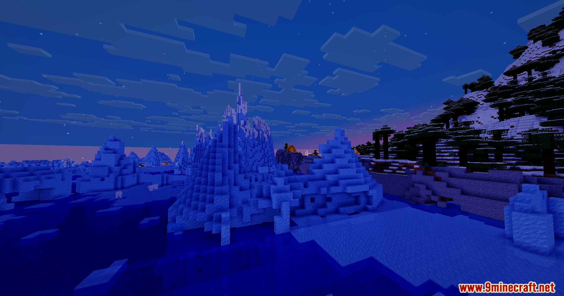 Bloom Shaders Screenshot 6 Jagged ice spikes and snowy mountains illuminated by soft moonlight at night