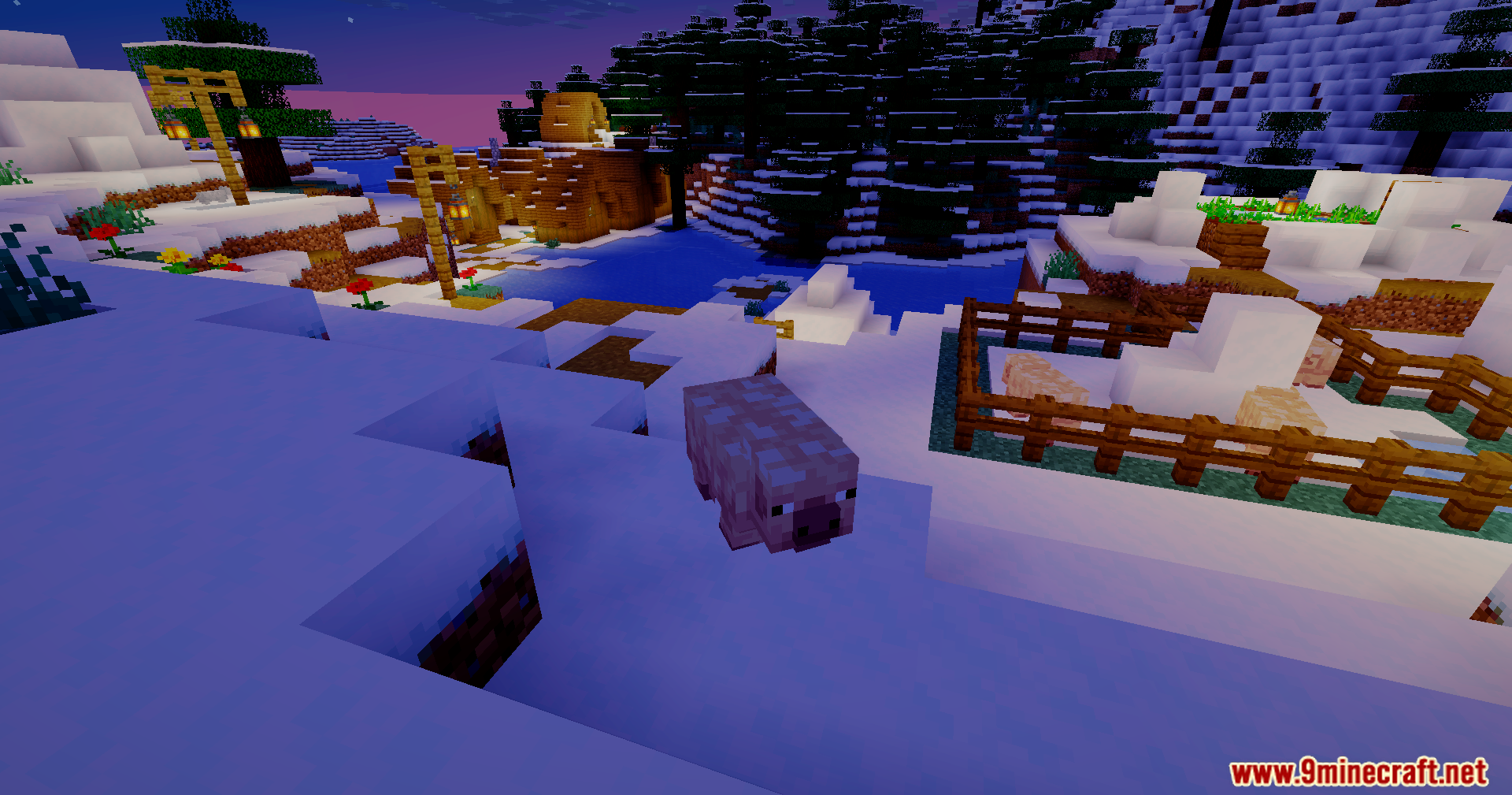 Bloom Shaders Screenshot 7 A pig stands on snow near a village under a purple sky