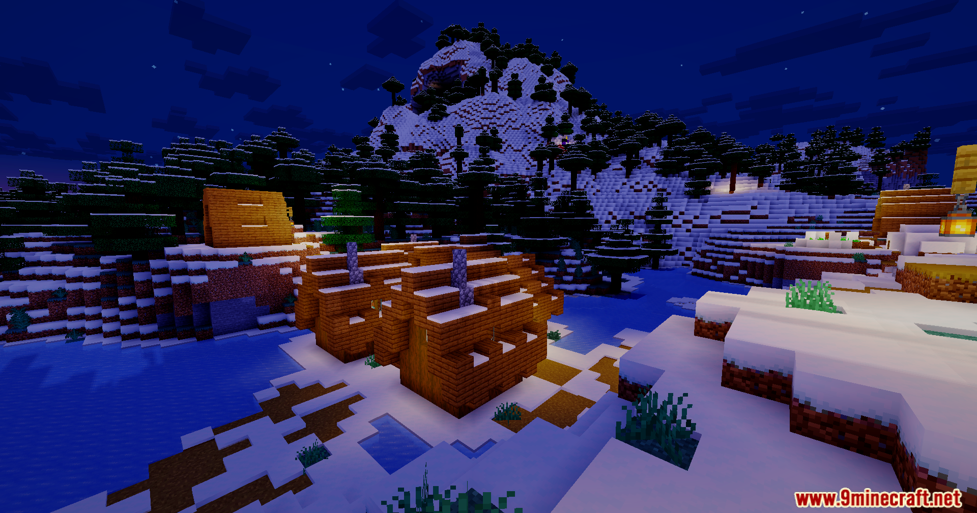 Bloom Shaders Screenshot 9 Wooden houses in a snowy biome under a dark starry night sky