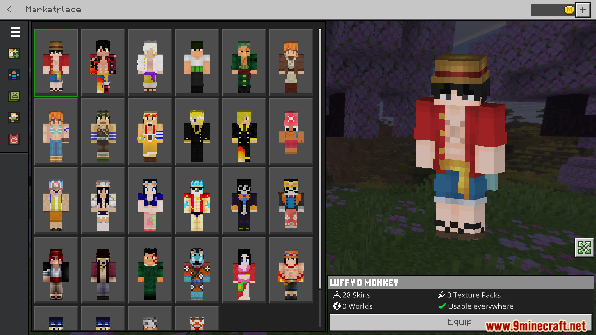 BluePrints One Piece Skin Pack Screenshot 1 Selection menu showing various anime character skins from BluePrints One Piece Skin Pack