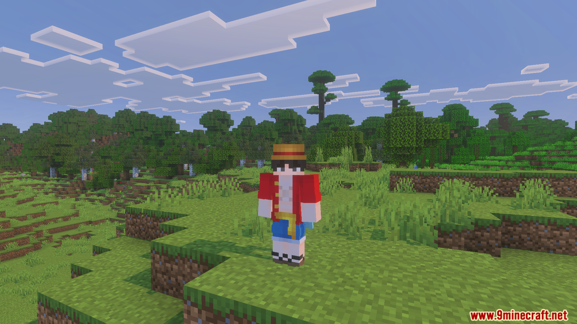 BluePrints One Piece Skin Pack Screenshot 2 Player wearing a Monkey D Luffy skin standing in a grassy Minecraft landscape