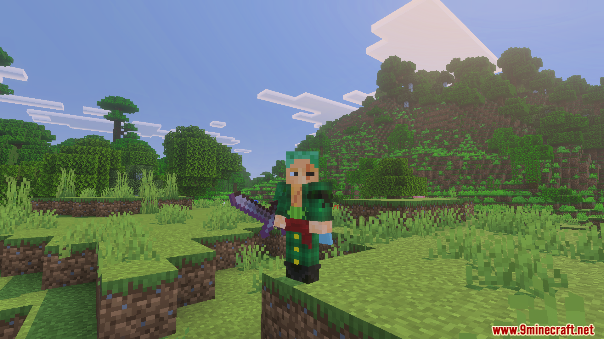 BluePrints One Piece Skin Pack Screenshot 4 Minecraft character skin with green hair holding a sword in a grassy field