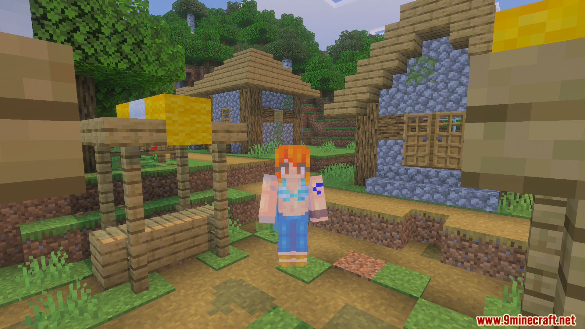 BluePrints One Piece Skin Pack Screenshot 6 Minecraft player wearing Nami skin standing in a village with houses