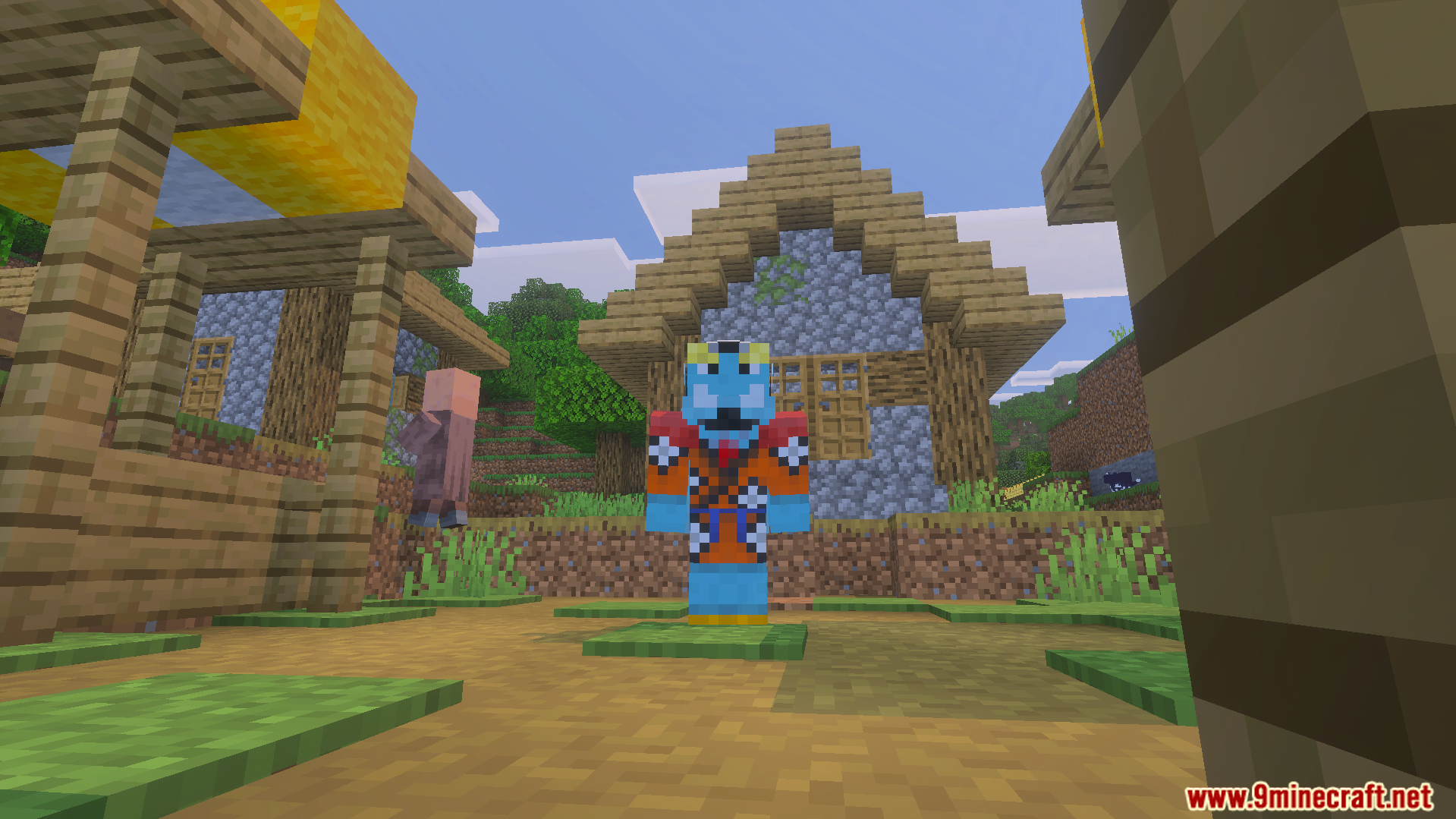 BluePrints One Piece Skin Pack Screenshot 7 BluePrints One Piece Skin Pack featuring a blue character in a village