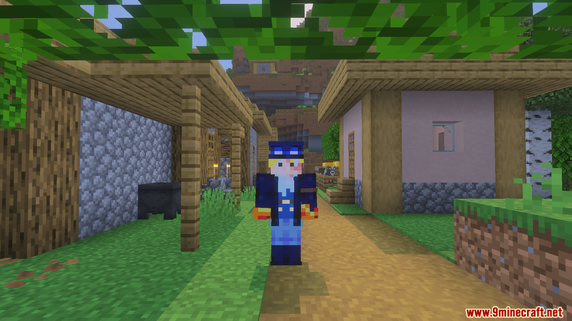 BluePrints One Piece Skin Pack Screenshot 8 Sanji character skin with a flaming leg standing on a village path