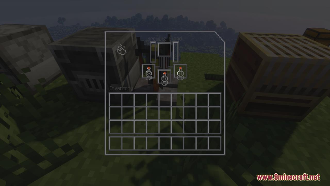 A transparent brewing stand interface with three glass bottles in the slots