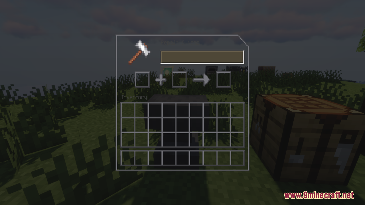 A transparent anvil interface with a hammer icon for repairing Minecraft items