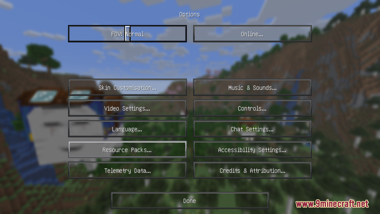 Bluxy Crystal Resource Pack updates the Minecraft options menu with transparent buttons