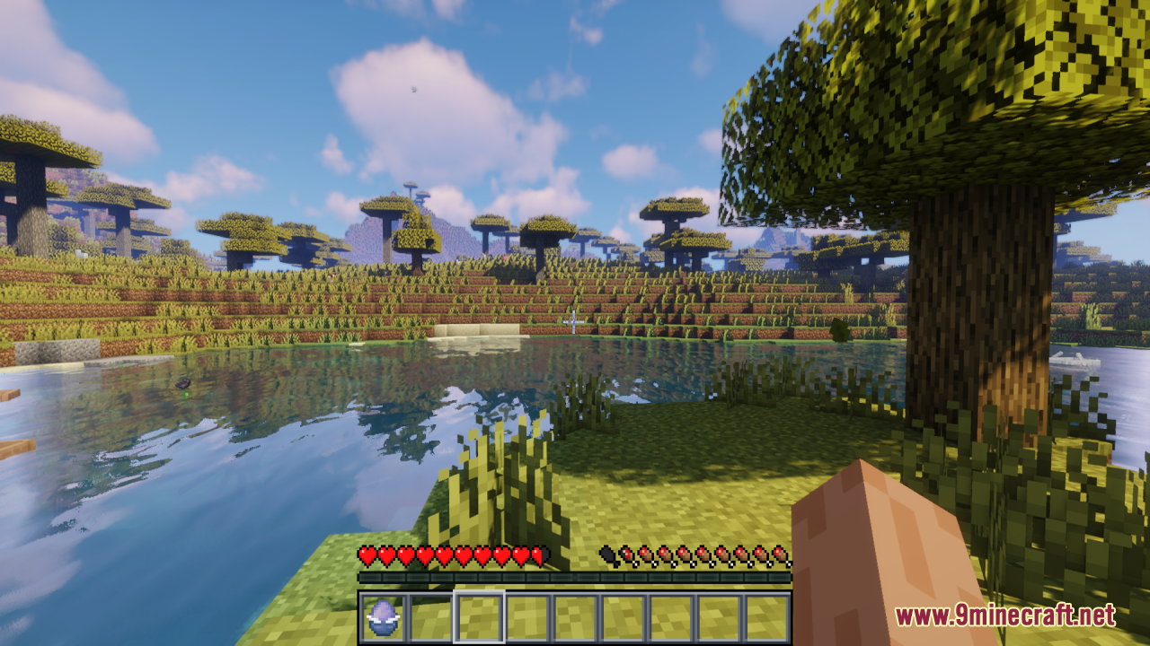 Savanna landscape showing custom crystal textures and a clean hotbar in Minecraft