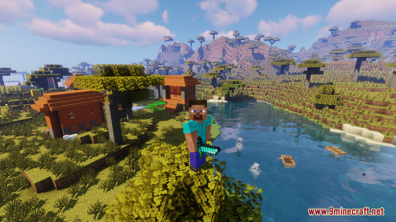 Steve stands on a tree holding a short sword near a savanna village