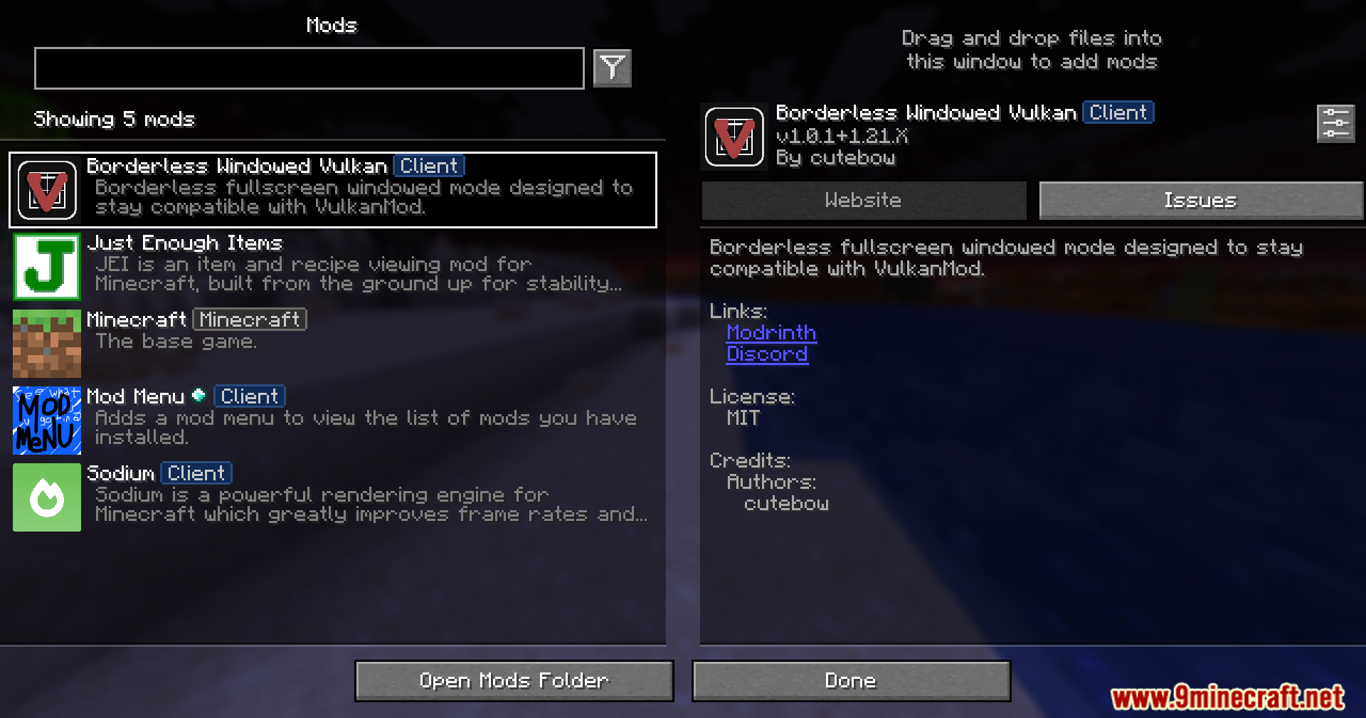 A Minecraft mod menu screen displaying the Borderless Windowed Vulkan mod installed