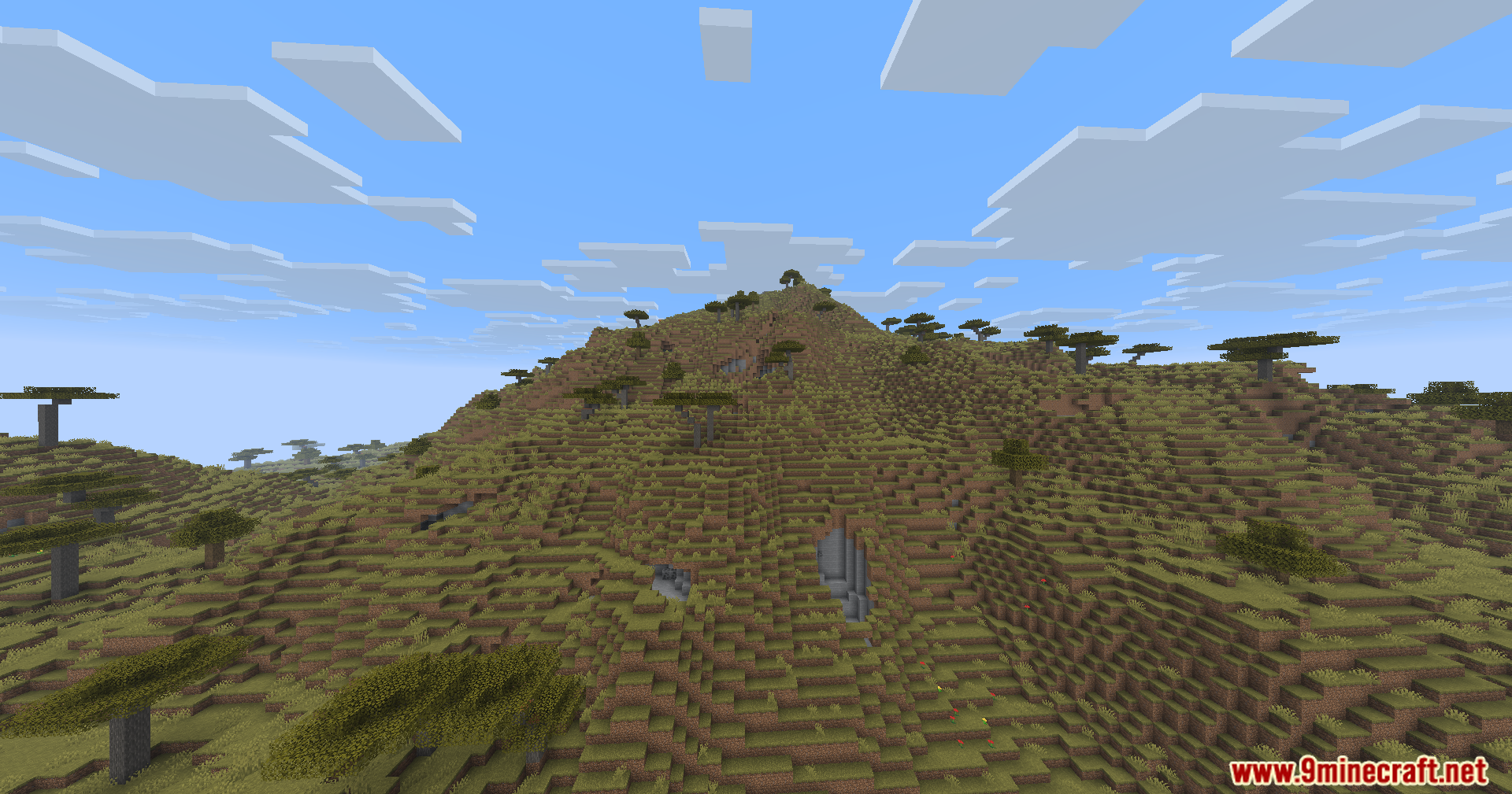 A large grassy hill in a savanna biome under a clear sky