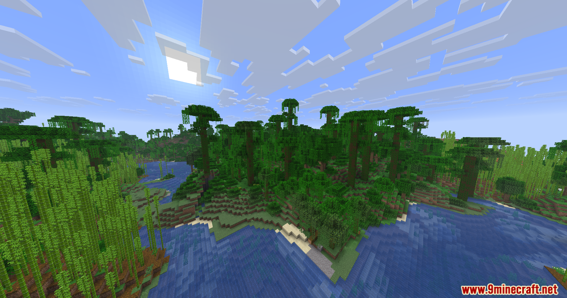 A peaceful river winds through a lush jungle biome under blue skies