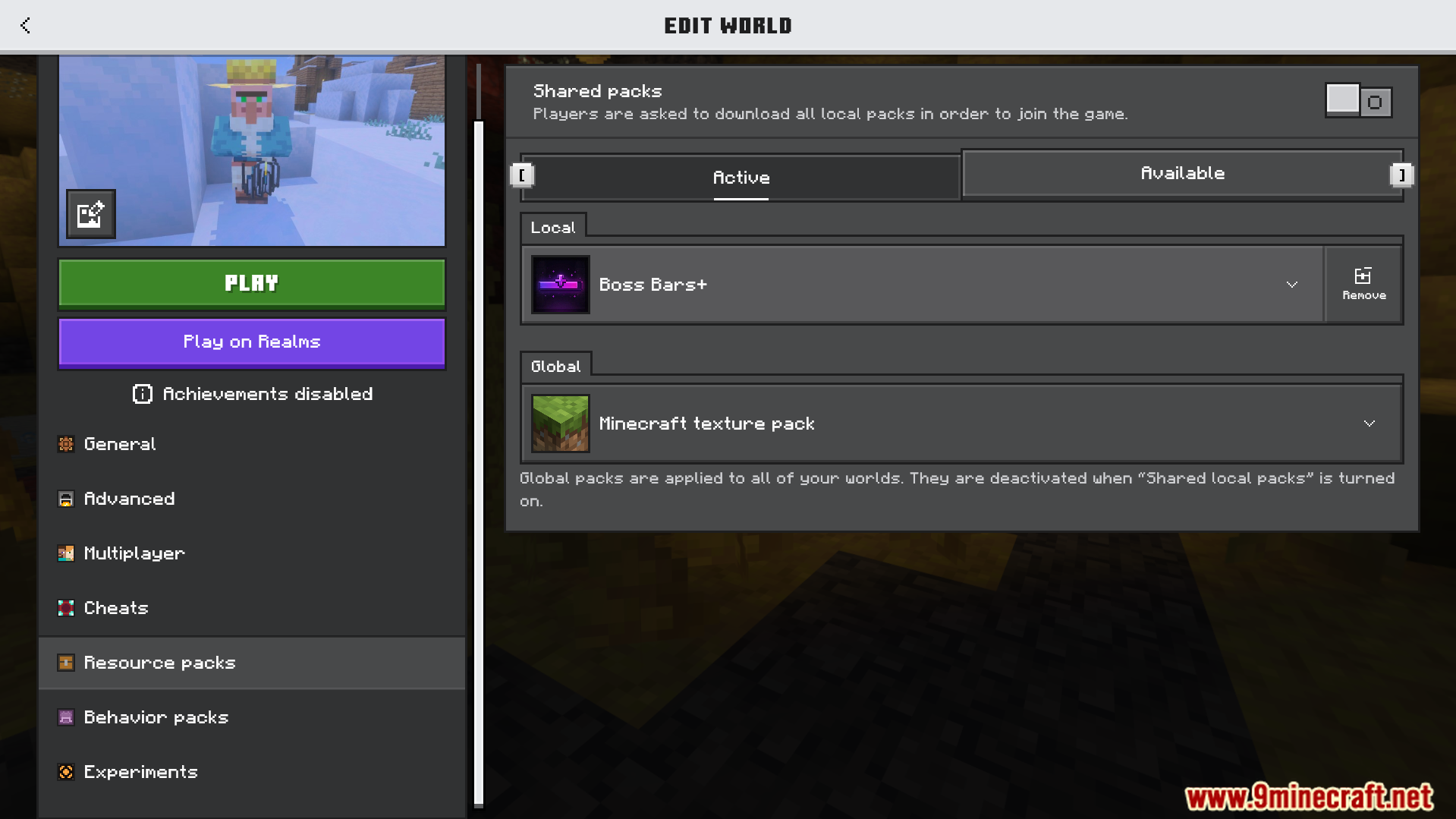 Minecraft edit world screen showing the active Boss Bars Plus resource pack