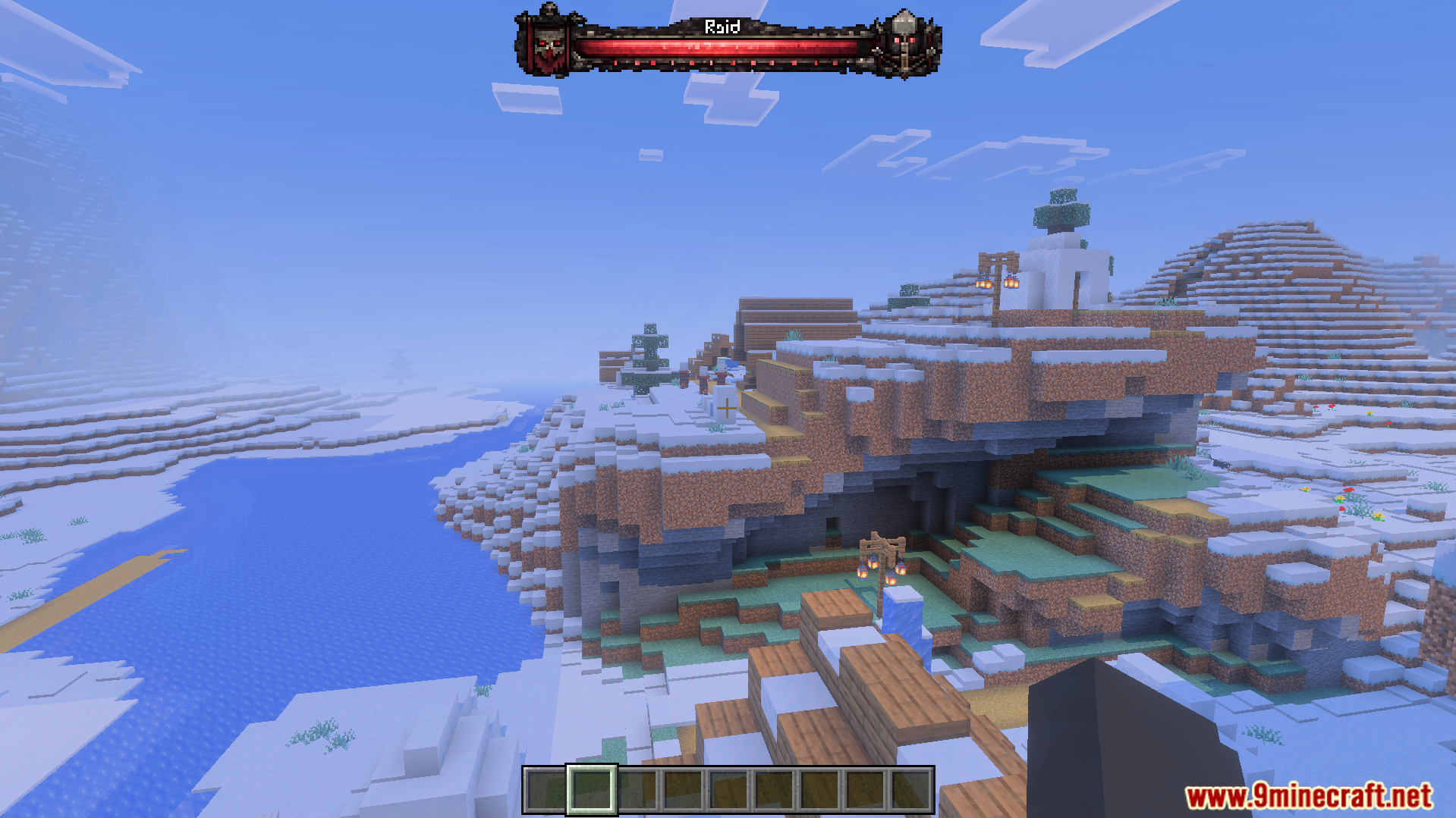 Blood red raid health bar with illager designs above a snowy river biome