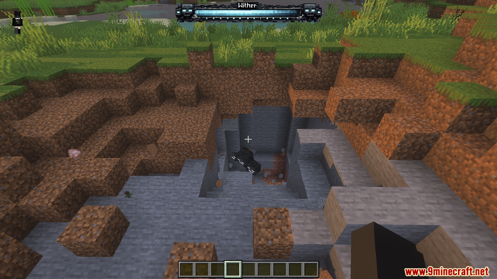 The Wither floats in a crater with a custom teal health bar above