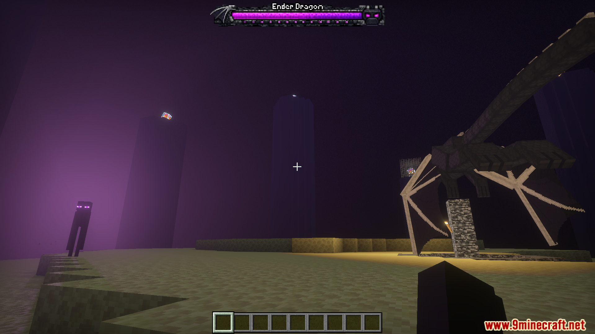 Ender Dragon flying near obsidian pillars with a custom purple boss health bar