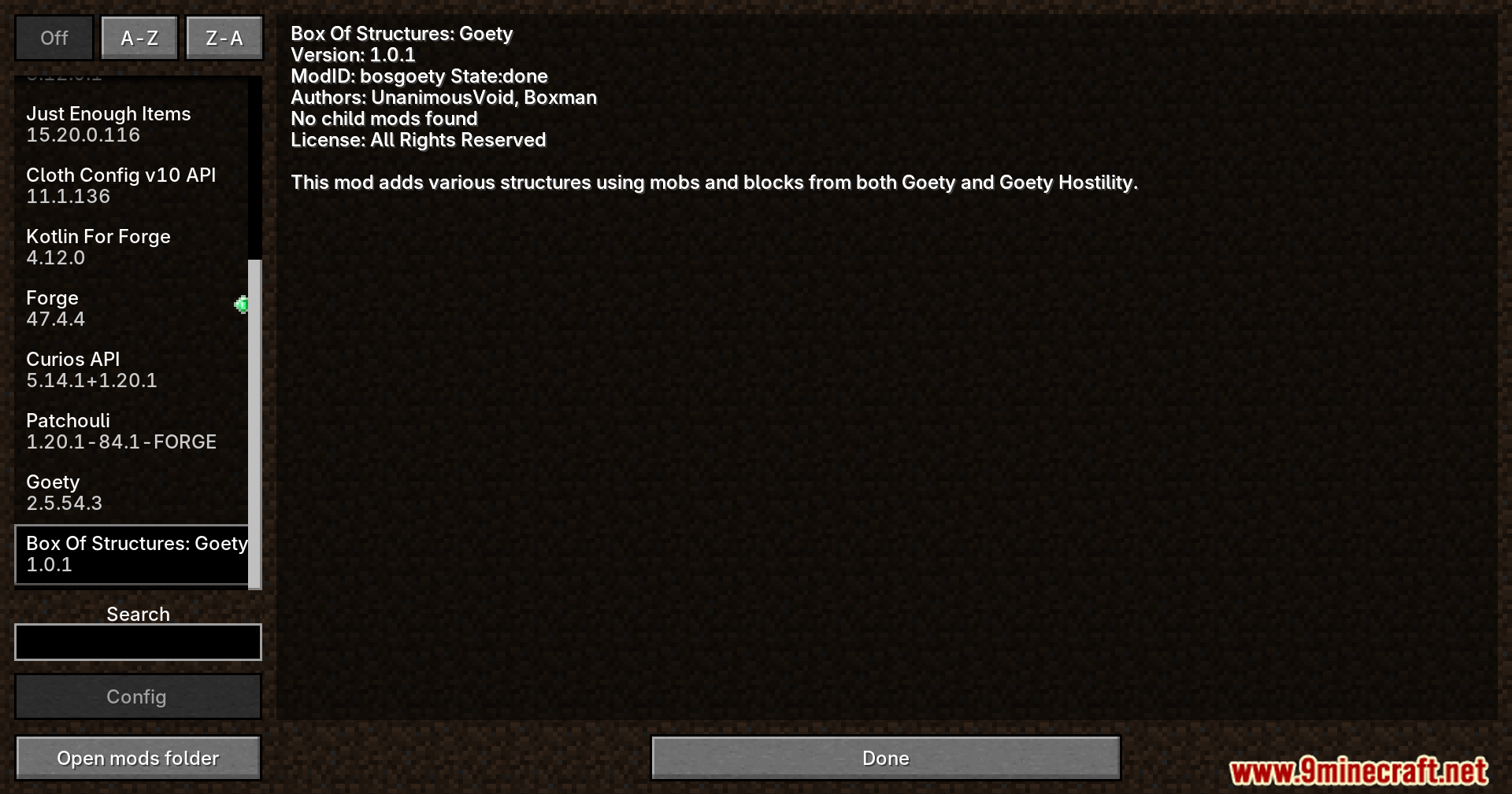 Minecraft mod menu displaying the Box Of Structures Goety mod information screen