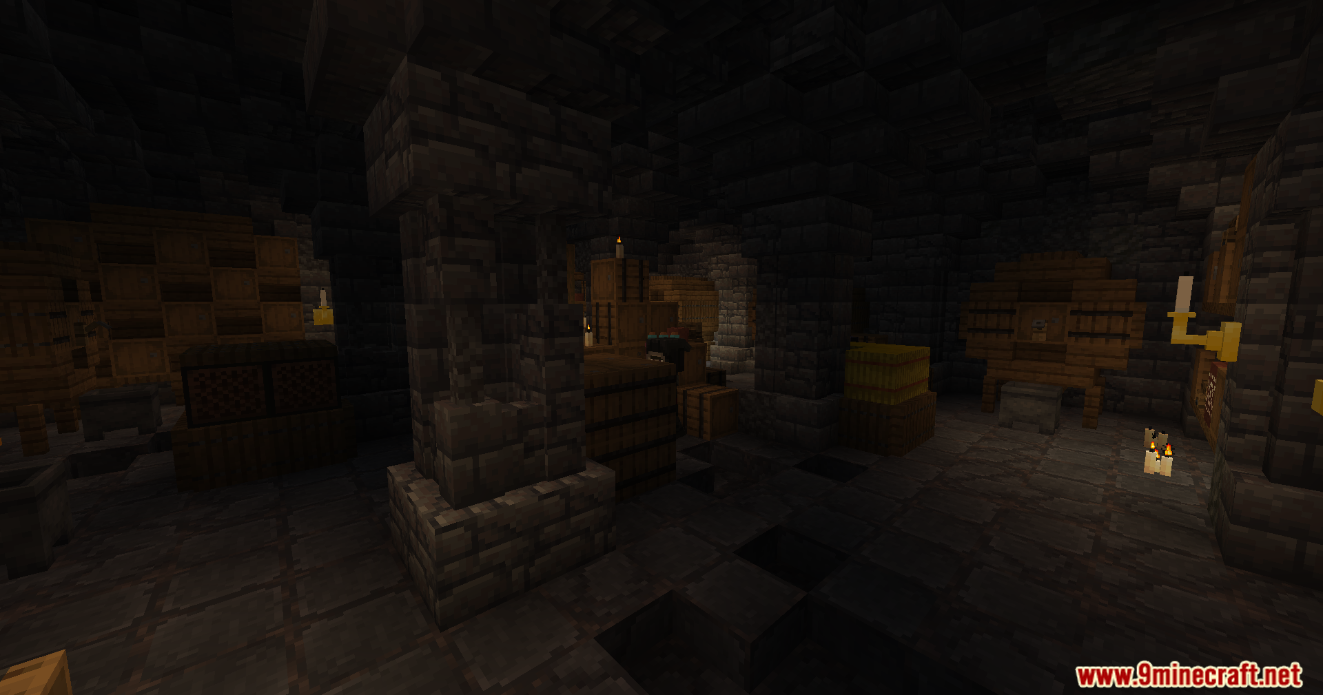 A dark stone dungeon room filled with wooden barrels and lit candles