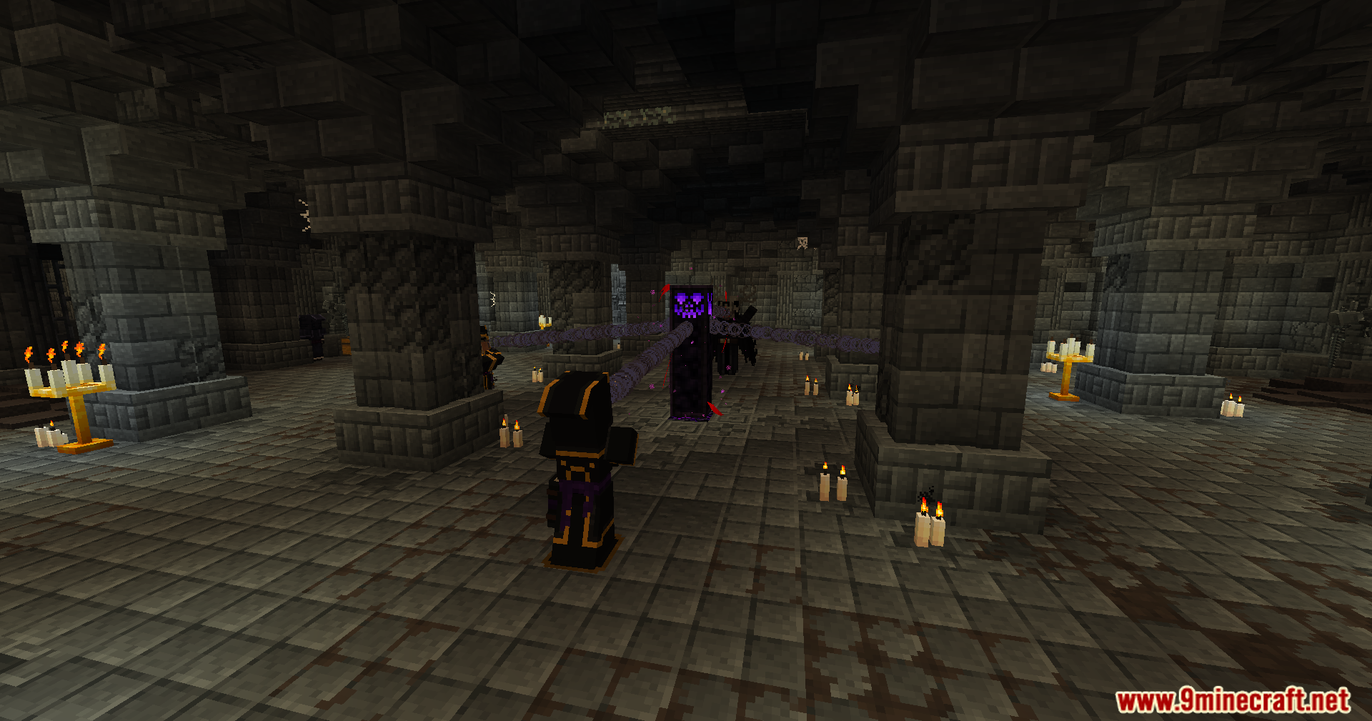 Player in dark robes faces a floating magical block in a Goety mod dungeon