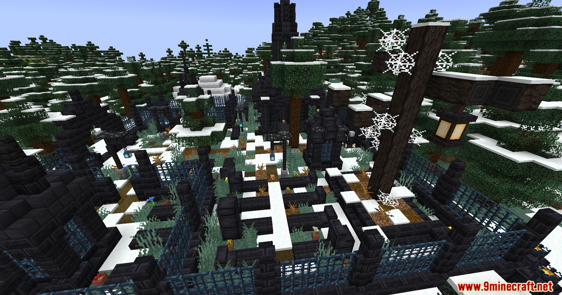 A dark gothic graveyard structure located in a snowy pine forest biome