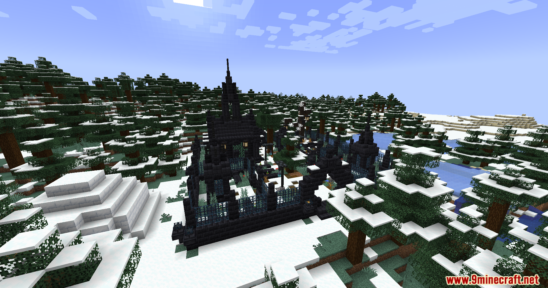 A dark gothic graveyard ruin situated in a snowy taiga biome