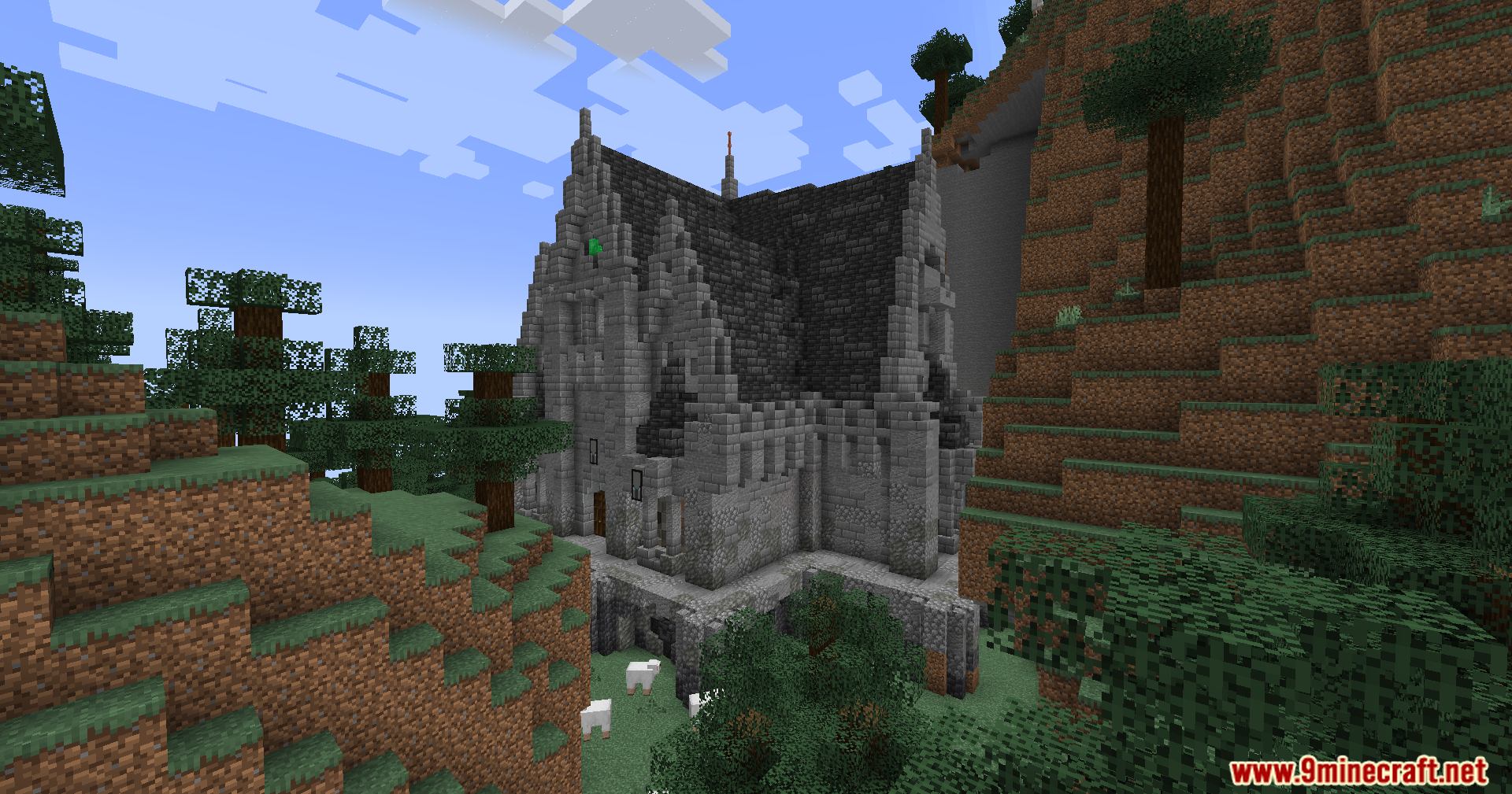 Large stone chapel building with sheep grazing in a forest valley