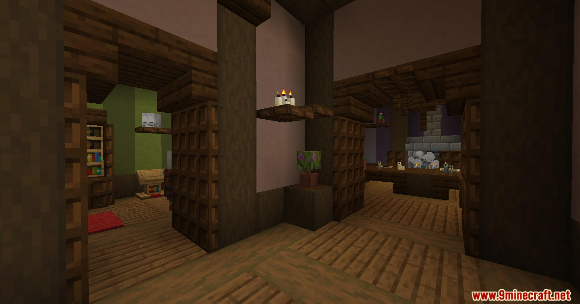 Cozy room interior with dark wood pillars and a small potted plant