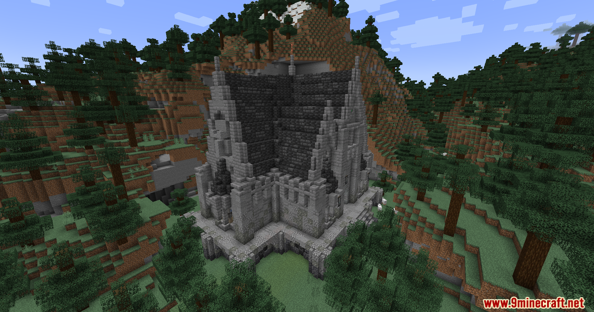 A large gothic stone chapel from the Box of Structures mod in forest