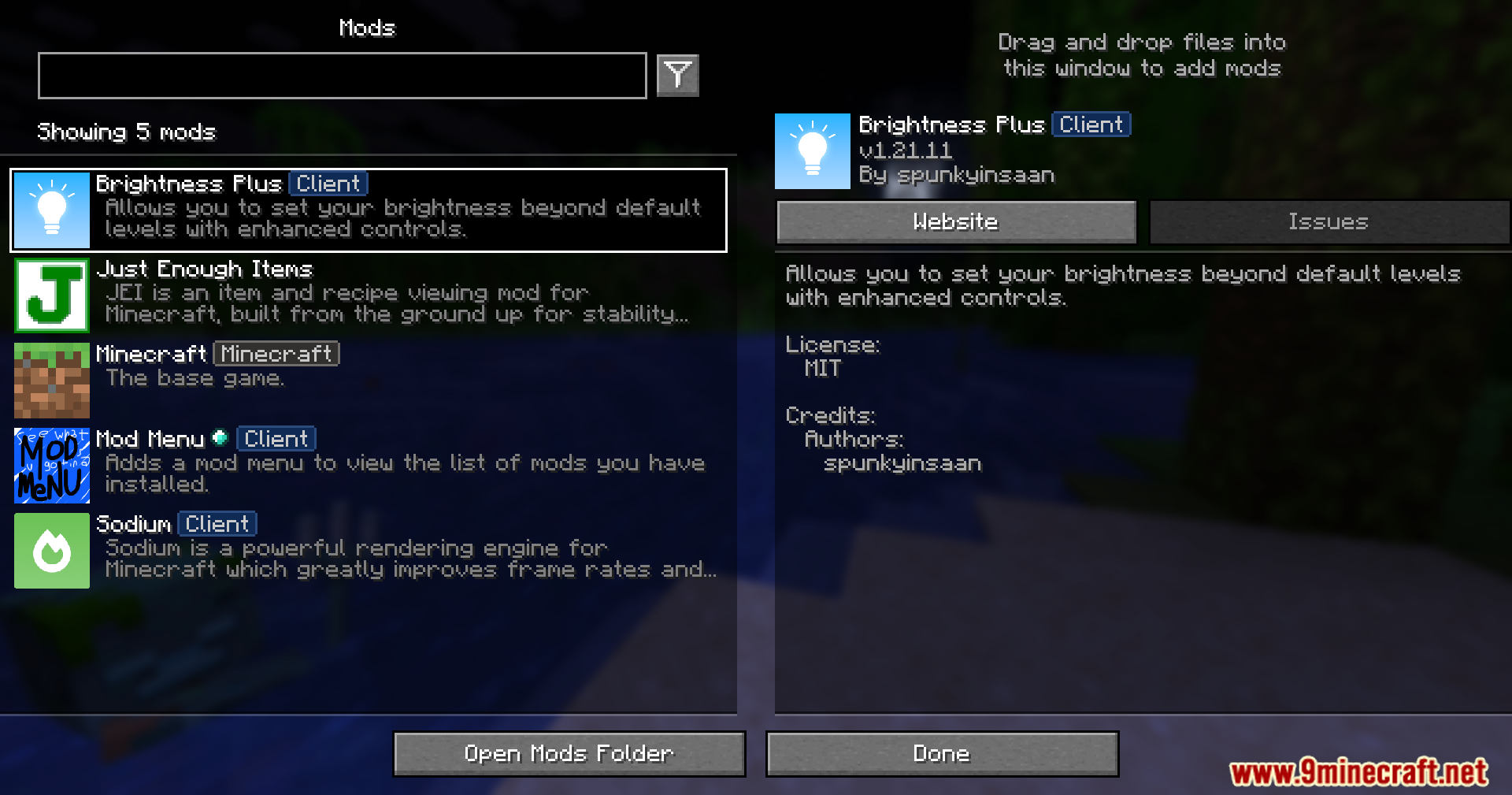Brightness Plus Mod Screenshot 1 The mod menu interface displaying Brightness Plus and other installed mods