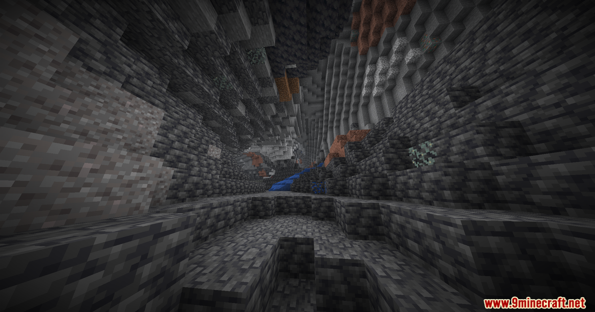 Brightness Plus Mod Screenshot 10 Deep ravine lit up clearly without torches showing various ores and stone
