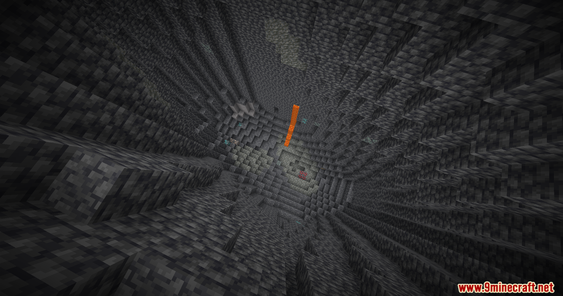 Brightness Plus Mod Screenshot 7 A dark underground cave with a lava fall and scattered ores