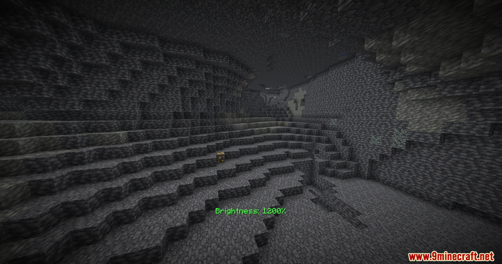Brightness Plus Mod Screenshot 9 Large underground cave with a text overlay showing brightness at twelve hundred percent