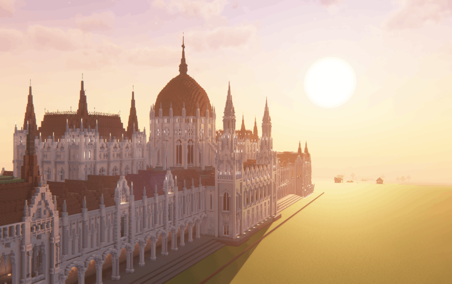 A massive Minecraft recreation of the Budapest Parliament Building under a warm sunset