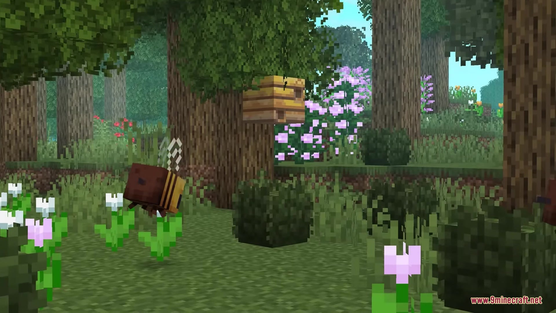 A bee flies near a beehive surrounded by thick 3D bushes and flowers